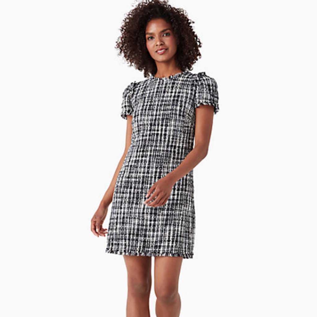 Nwt Kate Spade Flutter Sleeve Tweed Dress Black White Grey Size 6
